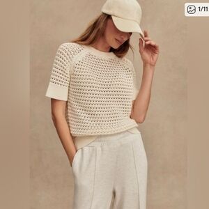 Varley Alva Knit Short Sleeve Sweater Top Small Cream Open Knit